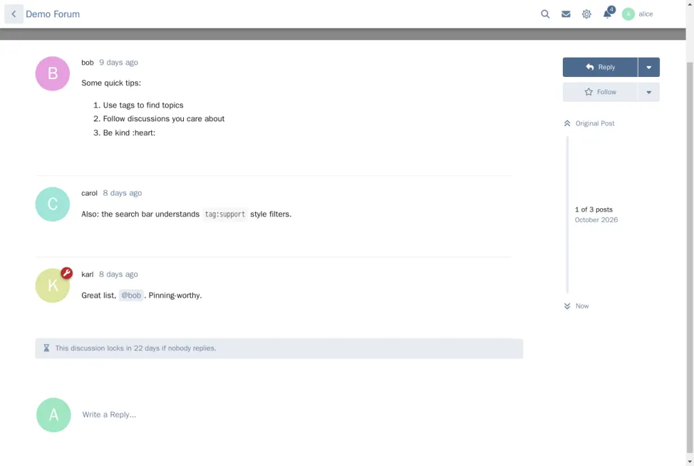 auto-lock-countdown-desktop.png A countdown above the reply box: This discussion locks in 22 days if nobody replies.