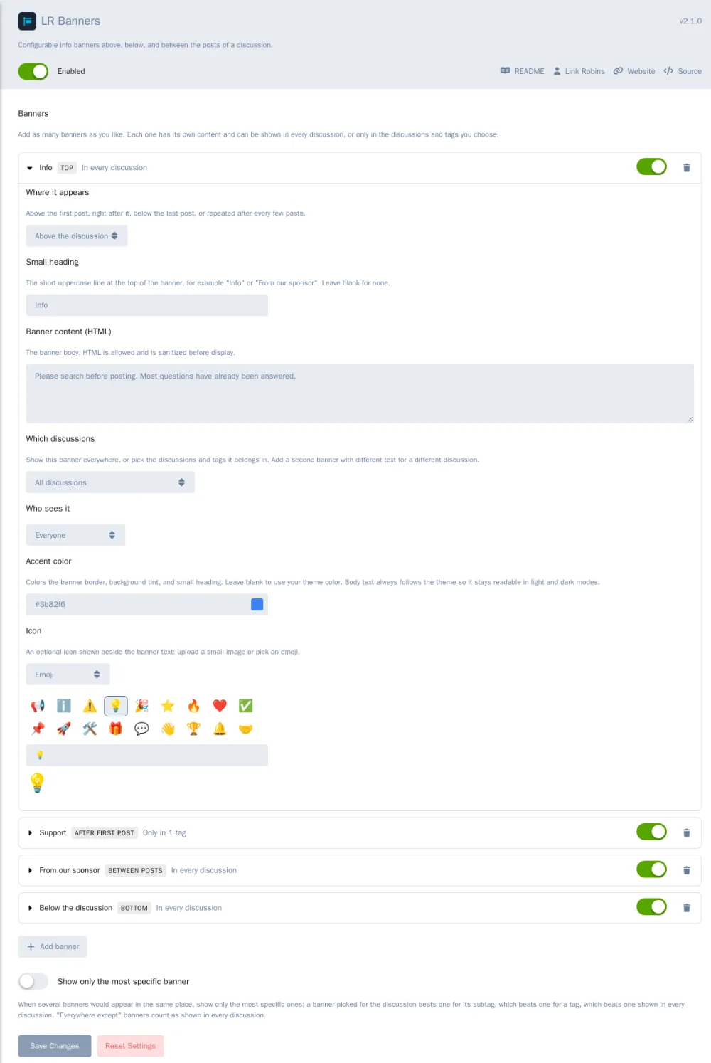 discussion-banners-admin-banner-open.png The settings page, with one banner opened