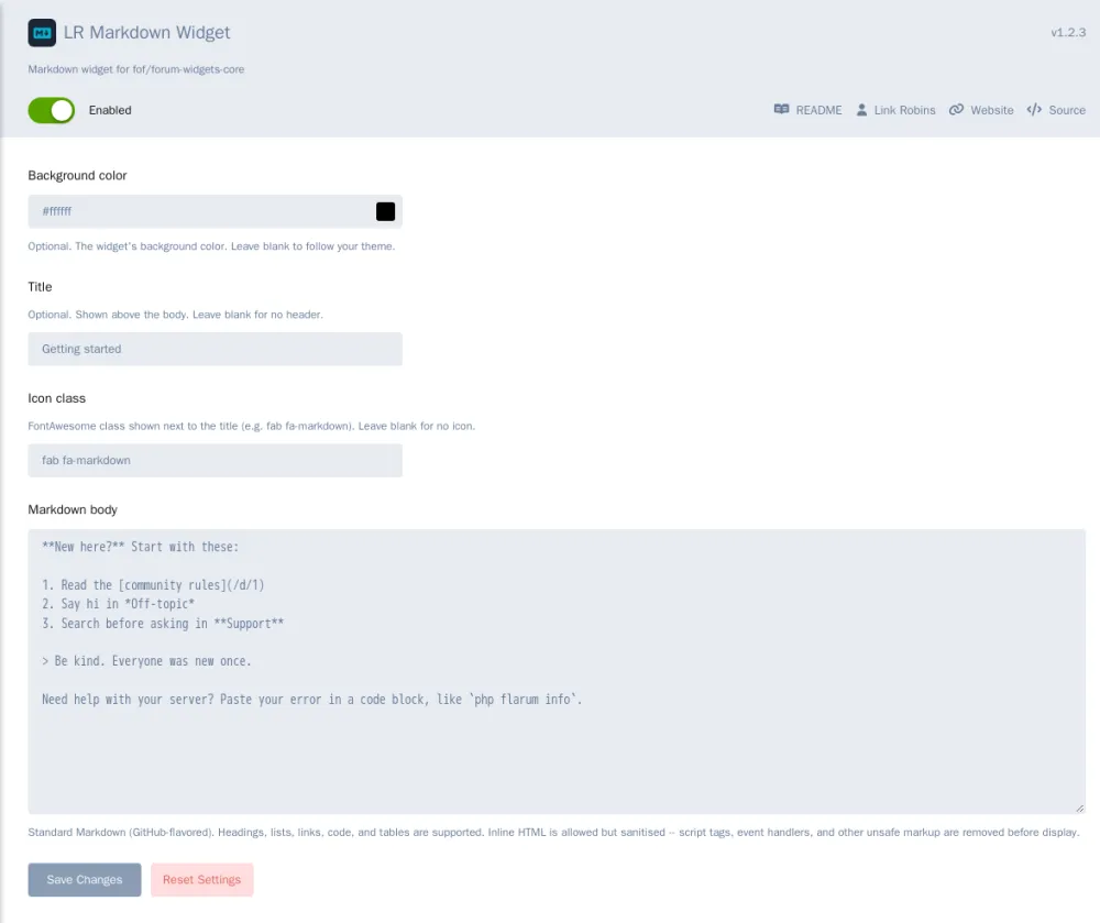 markdown-widget-admin-settings.png The settings page