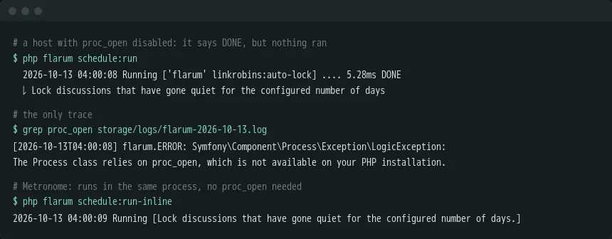 metronome-terminal.png The stock runner on a host without proc_open, then Metronome's runner