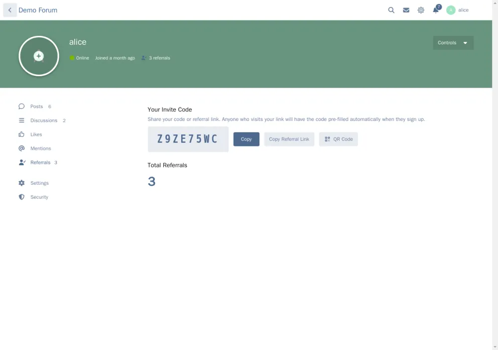 referral-profile.png A member's Referrals tab with their invite code