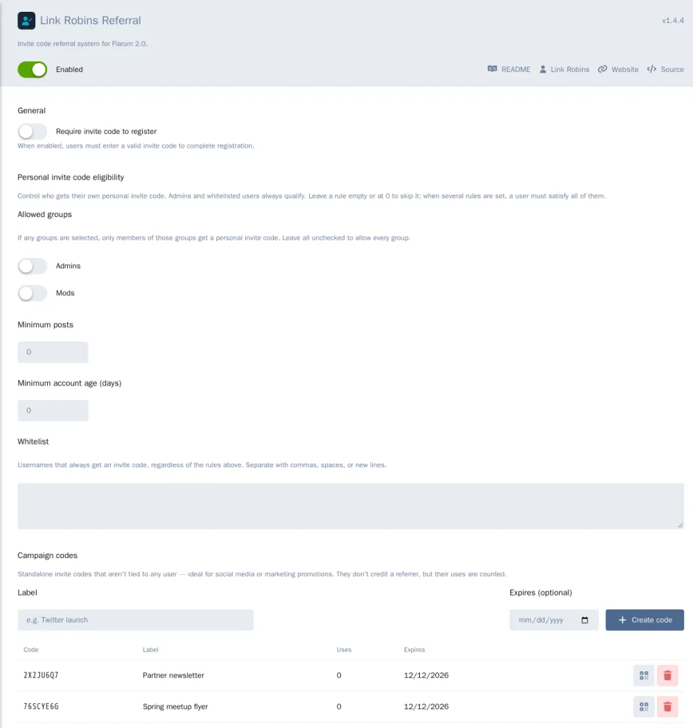 referral-admin-settings.png The settings page, with campaign codes